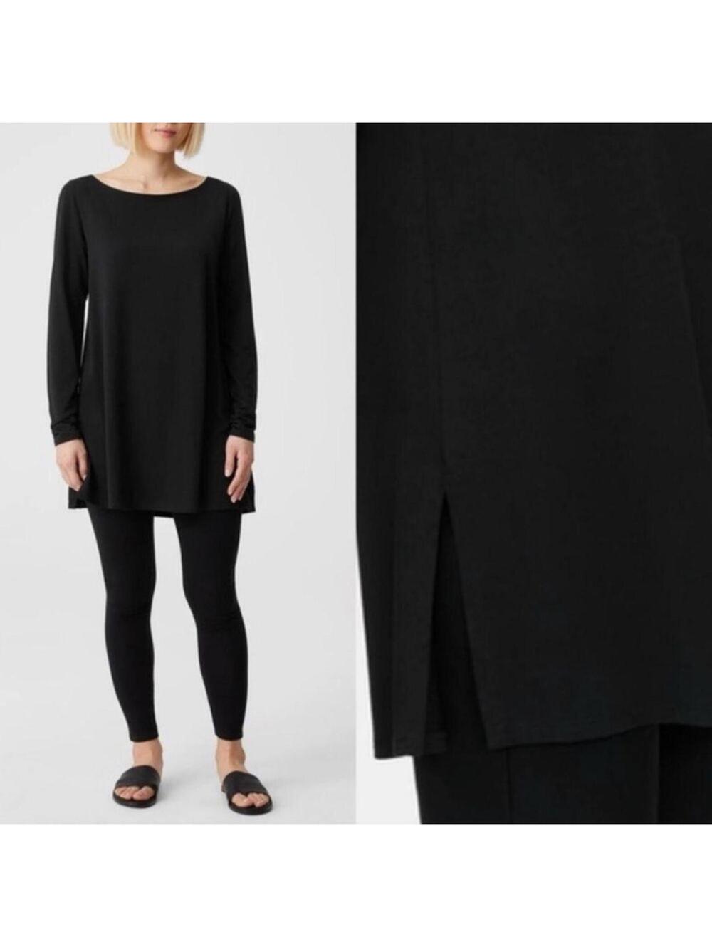 Eileen Fisher black jersey knit long-sleeve tunic top size Large